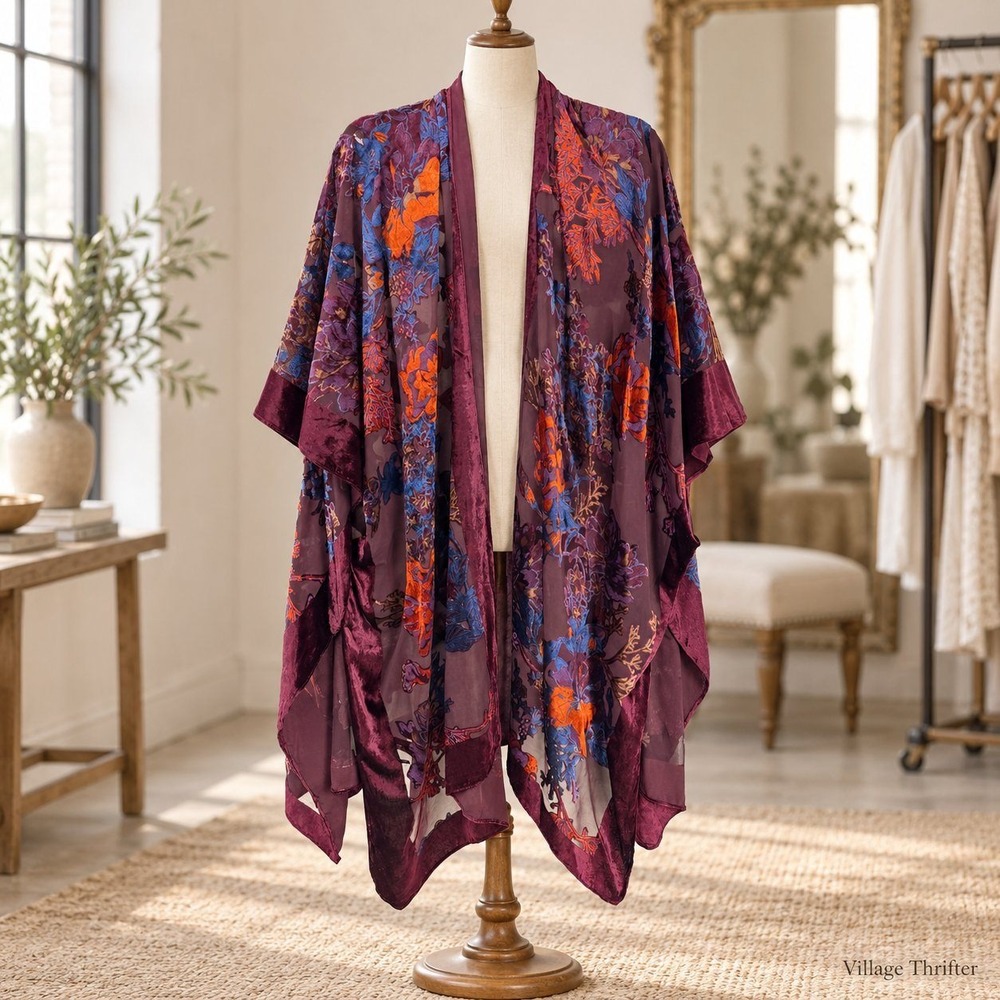 Natural Life Kimono Top Womens OS Burgundy Floral Burnout Velvet Boho Whimsy